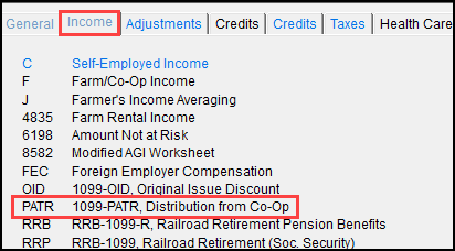 Image of "PATR" screen on the "Income" tab in data entry